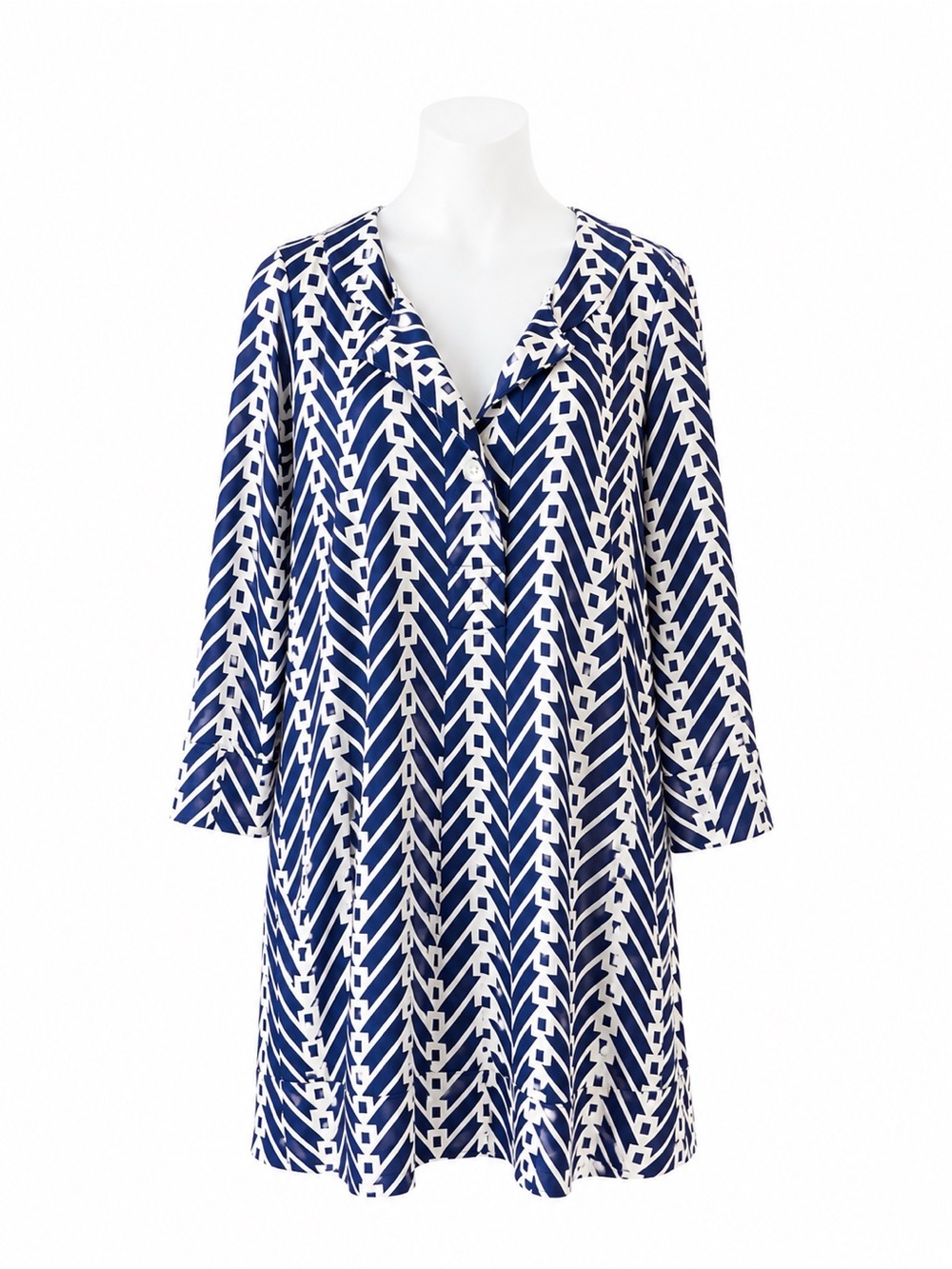 Diane von Furstenberg 100% Silk Blue White Geometric Print Tunic Dress Size 8
